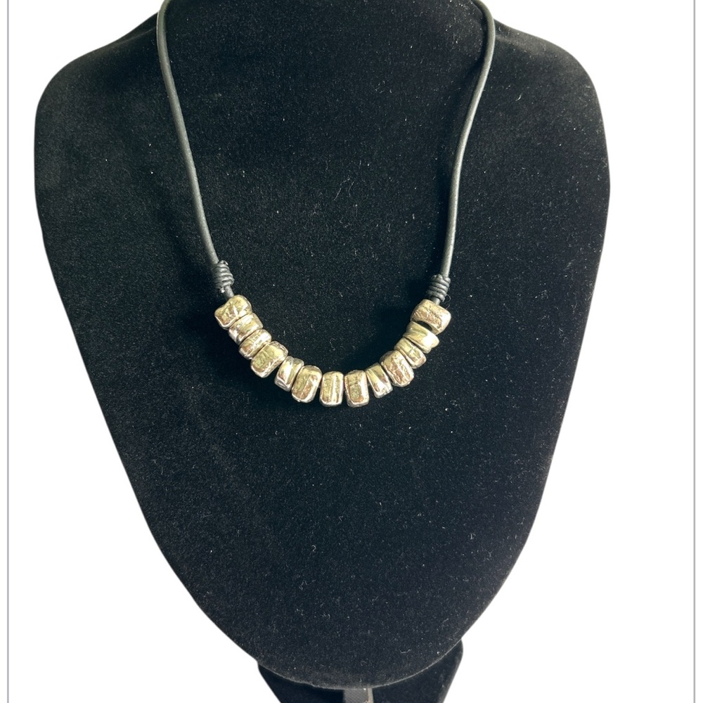 Chico's Silver Tone Mutli Bead Black Cord Statement Necklace